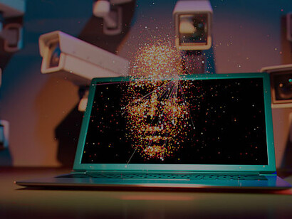 Surveillance technology powered by AI, featuring facial recognition and monitoring cameras