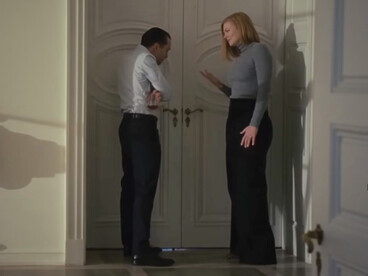 Shiv and Roman Roy standing together, representing the complicated bond between siblings shaped by rivalry, loyalty, and Logan’s influence in Succession