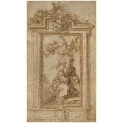 Catherine of Alexandria Altarpiece with Two Variant Frames, Alonso Cano, Pen and wash, ovre preliminary drwaings in black pencil, stylus marks, 334 x 191 mm, ca. 1648 - 1652, Hamburg, Hamburger Kunsthalle, Kupferstichkabinett © Hamburger Kunsthalle / bpk, Foto: Christoph Irrgang