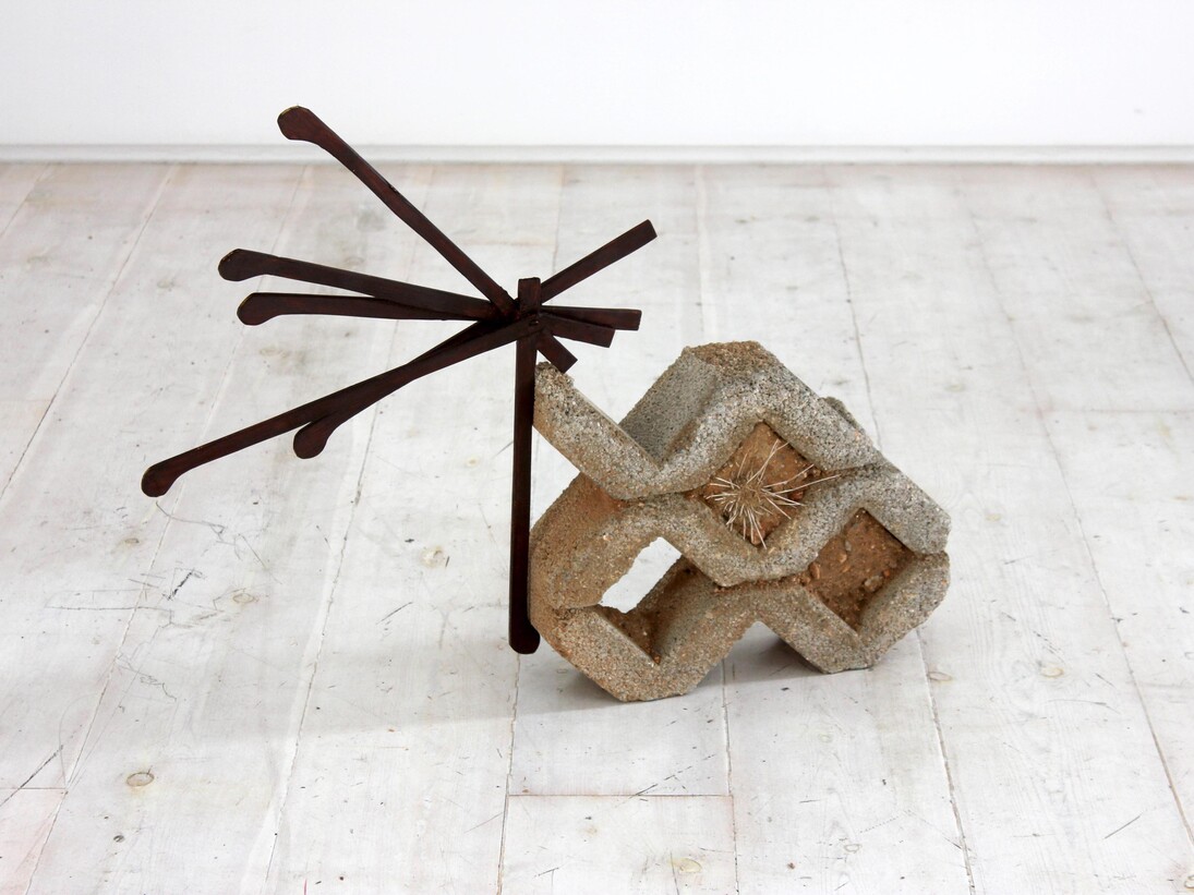 Kostis Velonis, Spider's Habitat (Whistle While you Work Series), 2014 Wood, concrete soil, dried grass, seeds,insect nests, 110 x 111 x 10 cm, Courtesy Kalfayan Galleries, Athens-Thessaloniki
