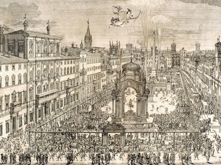 Dominique Barrière, Addobbo in piazza Navona per la Pasqua del 1650, dettaglio, acquaforte, 376 x 694 mm, Roma, Museo di Roma, inv GS 434