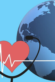 Symbolizing the global impact of the pandemic, a heart intertwined with a stethoscope stands beside an image of the world, encapsulating the profound connection between healthcare and the well-being of humanity