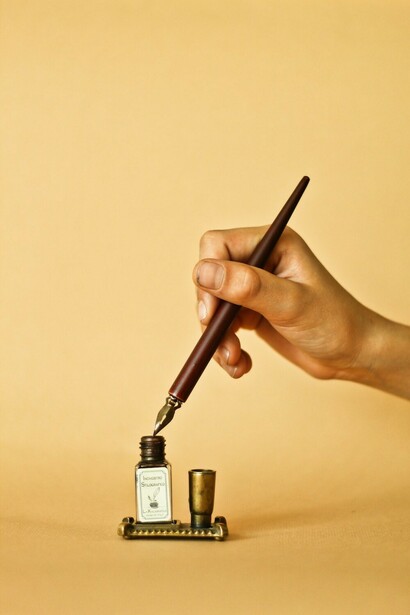A hand firmly holds a pen, and on top of ink bottle, it begins to inscribe something