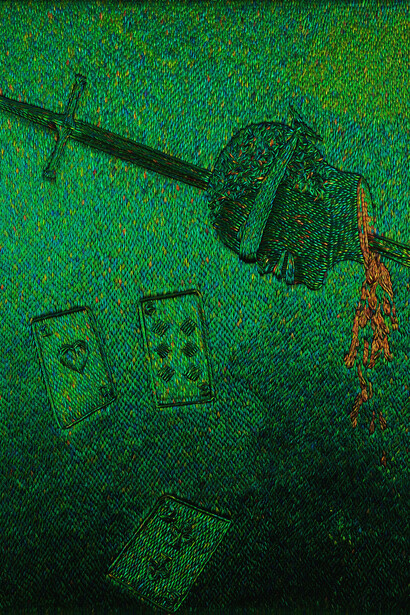 Jan Fabre, Gamble with Death, 2011, Elytres de coléoptères sur bois / beetle elytra on wooden panel, 227,5 x 173 cm, 89 5/8 x 68 1/8 in. unique, photo: Pat Verbrueggen, Courtesy Galerie Daniel Templon, Paris. © Angelos bvba