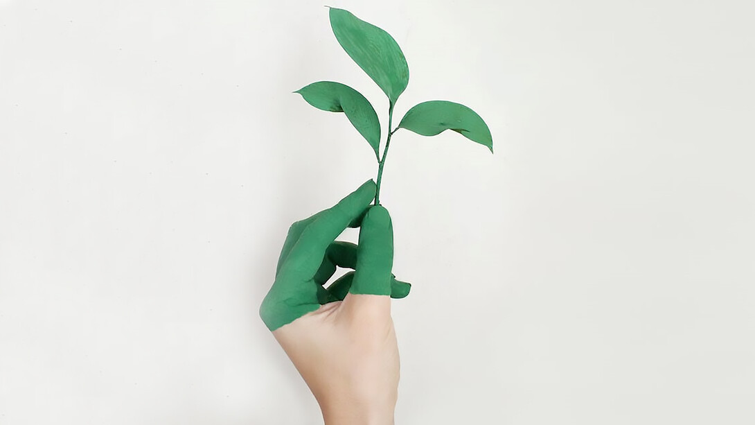 A hand holding a leaf turns green