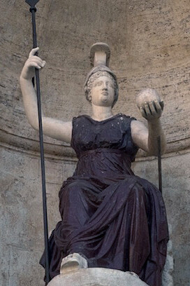 The Statue of Dea Roma in Piazza del Campidoglio, Rome, Italy, depicts the personification of Rome’s power and grandeur, symbolizing the city's strength and authority in ancient times