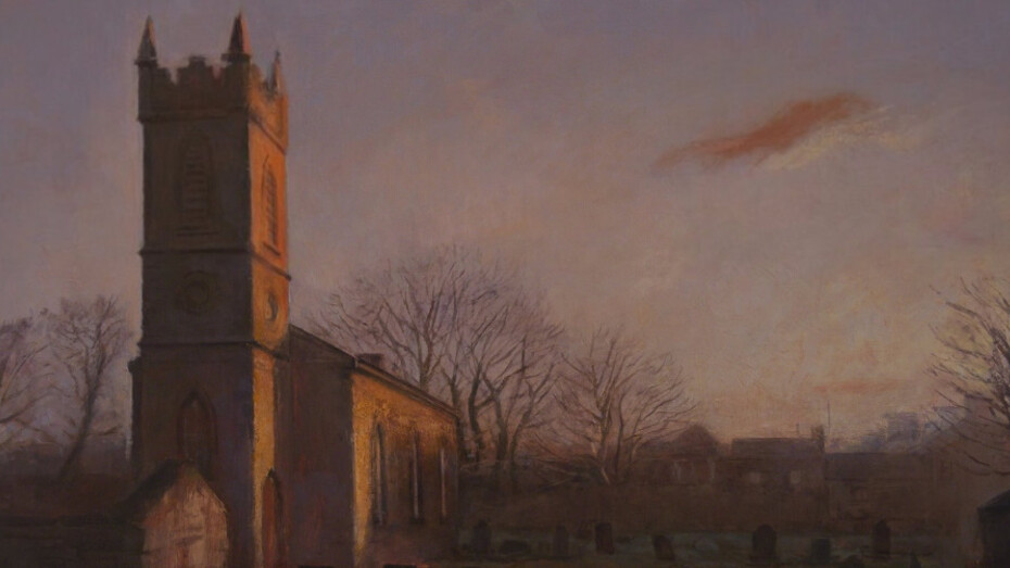 Maeve McCarthy: The Protestant Church, Winter, 2017 Tempera and oil on gesso panel, 22” x 24”. Courtesy of J. Cacciola Gallery W and the artist. 
