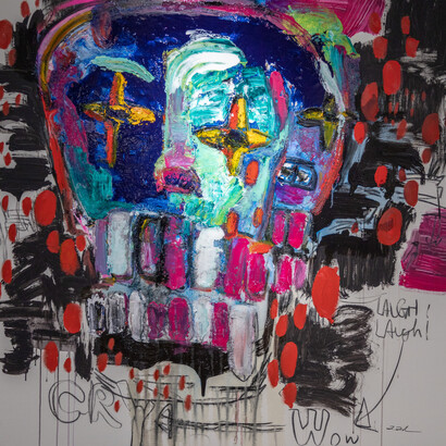 Takuma Tanaka, Play the clown or be drunk, 2023, oil, acrylic, mixed media on canvas, 130.3x130.3 cm. Courtesy of the artist and The Wall Art Gallery