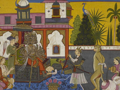 Hanuman allowing himself to be taken before Ravana, from the Sussex Ramayana, a seven-volume manuscript originally created in Mewar, whose volumes were partly gifted by Maharana Bhim Singh to James Tod and later acquired by the British Museum (now the British Library) in 1844