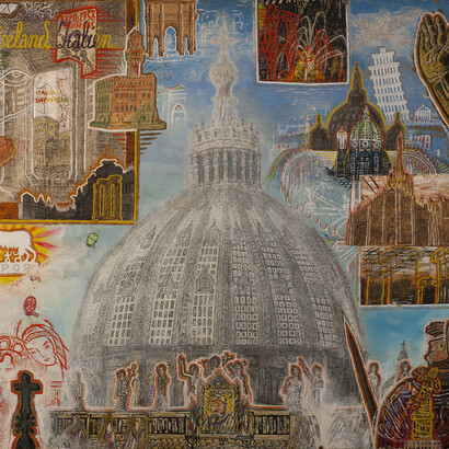 Willem van Genk, Untitled (Reiseland Italien or Travel in Italy), The Hague, Netherlands, 1964, Mixed media on millboard, 27 ¾ x 31 ½ x 1 ½ inches (70,5 x 80 x 3,5 cm). Collection Foundation Willem van Genk, Museum Dr. Guislain, Ghent, 210302174. Photo: Guido Suykens, Ghent