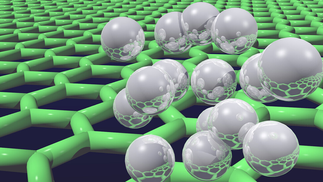 Esta simulación demuestra el principio de deslocalización de átomos de hidrógeno sobre una superficie de grafeno. Centro Thomas Young, Londres, Inglaterra