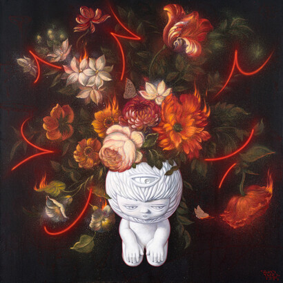 Alex Face, White-Hot Red 2023, acrylic, spray, oil on linen 120x120 cm, © 2023 Alex Face. Courtesy the artist, Bangkok CityCity Gallery and Dorothy Circus Gallery