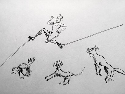 Vittorio Nava, Donna che corre su trampoli e tre cani