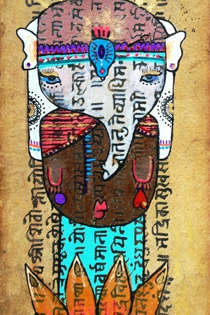 Aline Tercete, Sonho de Elefante ilustração aquarela e porpurina sobre manuscrito religioso tibetano inspirado na viagem da artista à Índia, nas suas antigas técnicas de pintura e na história da vida de Buda que começa com sua mãe, gravida dele, que sonha com um elefante branco.
