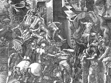 The Fall of Troy and the Escape of Aeneas, print, Giorgio Ghisi, after Giovanni Battista Scultori (MET, 53.600.994)