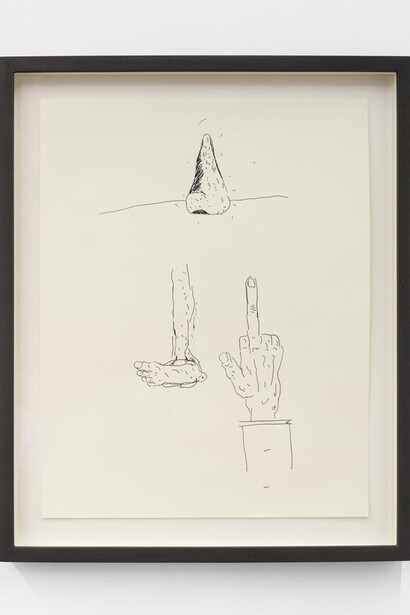 Joel Mesler, Untitled, 2016,
ink on paper,
15¾ x 11¾ in.,
21 x 17 x 1¼ in. (framed). Courtesy of the artist and Rusha & Co.