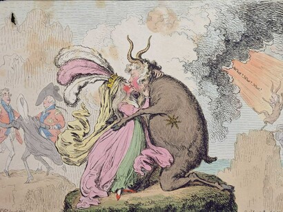 James Gillray (1757‒1815), Enchantments lately seen upon the Mountain of Wales or Shon-ap-Morgan’s Reconcilement to the Fairy Princess, 1796, Hand-coloured etching © Courtesy of the Warden and Scholars of New College, Oxford / Bridgeman Images