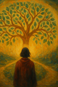 Standing at the crossroads of shadow and light, a lone figure gazes upon the glowing Tree of Life, symbolizing the journey toward self-discovery and true purpose