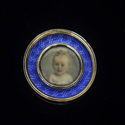 Miniature portrait in a medallion showing the infant Prince Sergei Sergeevich, 1898
Watercolor on ivory, 14K yellow gold, blue guilloche enamel, ivory back 1 1/2 x 1/4 inches (framed). Promised gift of Marina Belosselsky-Belozersky Kasarda
  