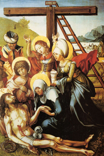 Albrecht Dürer; Deposición, c. 1497, Alte Pinakothek, Múnich (detalle)