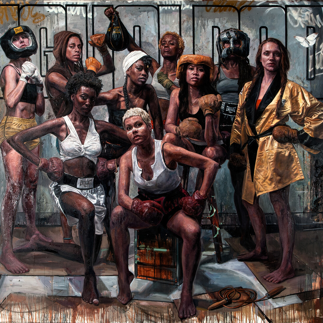 The Fight Club, Tim Okamura, oil and mixed media on canvas, 112 x 130 inches, 2013. Courtesy Yeelen Gallery Miami