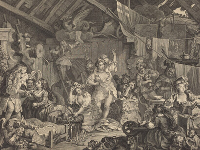The playbill in the lower left reveals that the troupe is holding its last performance before a new law takes effect banning unlicensed theater. Much of the humor here derives from contrasts between the actresses’ roles as Roman goddesses and the earthy realities of their lives. The central figure, playing the chaste goddess Diana, strikes a pose reminiscent of classical sculptures depicting Diana as a huntress. Here the lack of bow and arrow renders the gesture meaningless and the actress uses one hand to hitch up her shift to her thighs. Contemporary associations of actresses with prostitution would have added to the irony of her role. All around Diana humble props and activities strip away the illusions of the stage: in the lower right, for example, Juno practices her lines, her book resting on a makeshift noisemaker, while another goddess mends her stocking. William Hogarth, Strolling Actresses Dressing in a Barn, 1738, etching and engraving, Rosenwald Collection, 1944