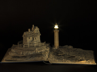 Su Blackwell, The Lighthouse Keeper’s Cottage, 360mm w x 240mm h x 260mm d, Paper, book, lights, paper sculpture in glass and wood box
