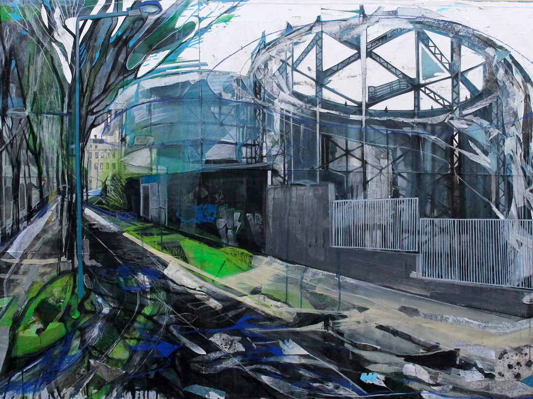 Anna Capolupo, TorinoNowhere 3, 2014, tecnica mista su carta applicata su tela, 100 × 150 cm