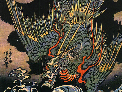 Kuniyoshi Utagawa, Dragón volando sobre olas turbulentas (c. 1831)