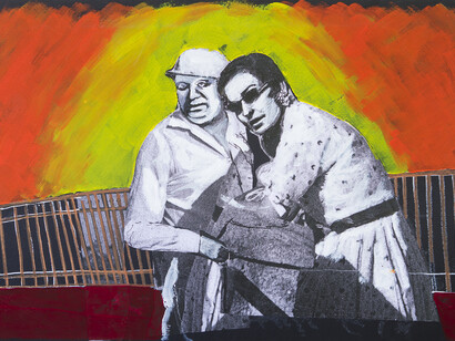 Dario Fo,
Maria e Meneghini - Ormai eravamo amanti
ufficiali,
2014,
Tecnica mista su tavola, 50 x 35,5 cm
(57 x 42,5 cm con cornice),
Archivio Franca Rame e Dario Fo