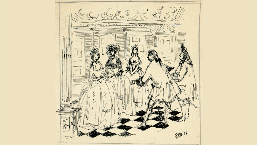 Peter Hoffer, disegno per copertina di libretto per "Il matrimonio segreto" (1954). Archivio Storico Ricordi