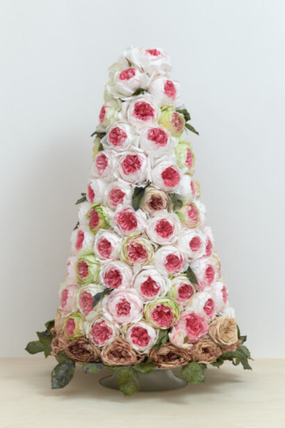 Tiffanie Turner, Croquembouche, 2022, Italian crepe paper, stain, glue, floral wire, chalk, chicken egg shells, hat stand, metal platter on pedestal, epoxy adhesive, 26 1/2x15 inches, copyright the artist. Courtesy of Eleanor Harwood Gallery