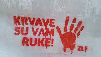 Red handprints with You have blood on your hands!, Serbian: Krvave su vam ruke!, Belgrade, Serbia