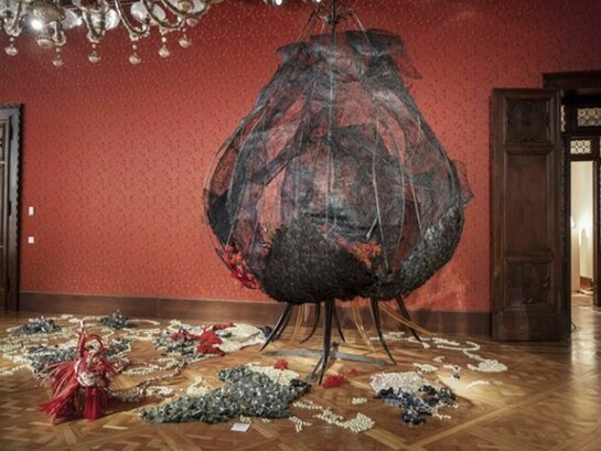Rina Banerjee, In the Darkest Blossom was a Mythical Beast, Mythical Island, Mythical Sea, 2013, Glass, steel, shells, feather, plastic, Courtesy of the artist