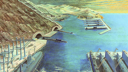 An artist's impression of a Soviet ballistic missile submarine base from the 1980s