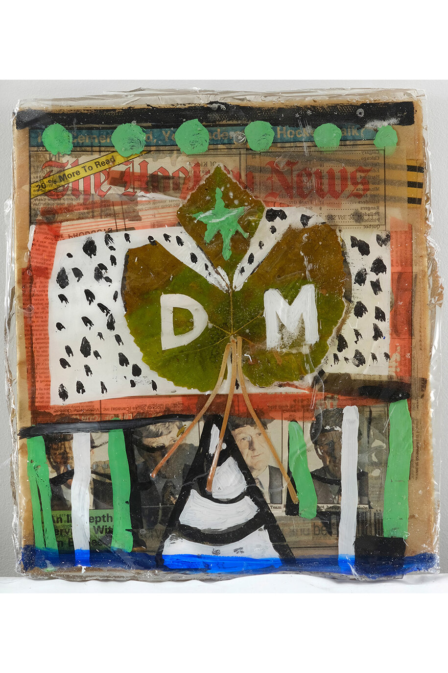 Mark DeLong, Mark DeLong, 2014, acrylic paint, paper, leaves and resin on newspaper, 15h x 13w in.