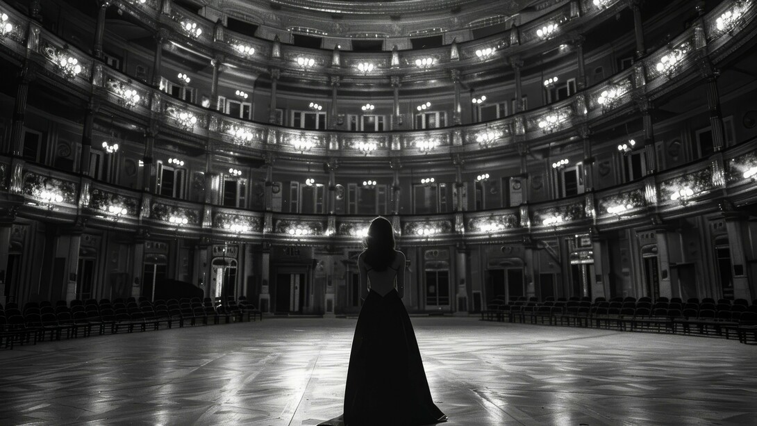 A woman in a round hall, reminding how acoustics and design work in harmony