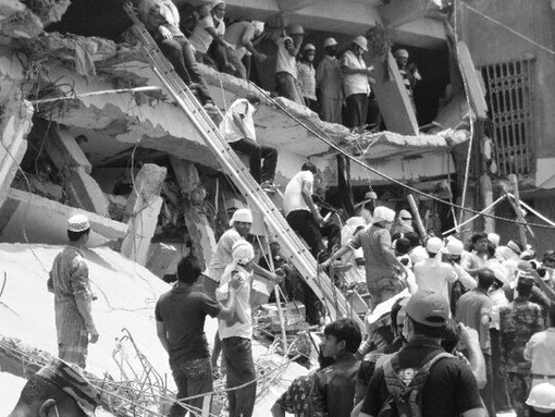 The devastation shown underscores the severe social inequalities inherent in the traditional fashion system, which sustainable fashion aims to rectify