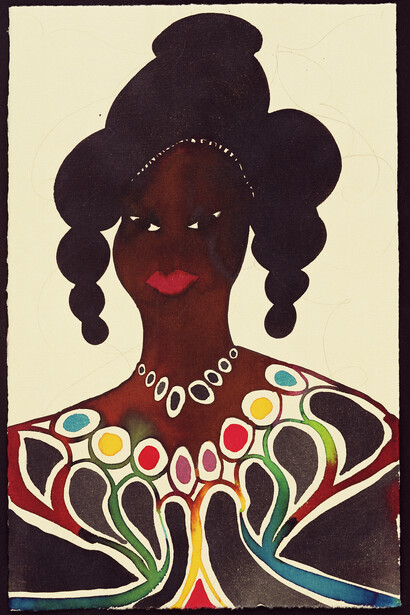 Chris Ofili, “Untitled (Afromuse),” 1995–2005. Watercolor and pencil on paper, 9 3/5 x 6 1/5 in (24.3 x 15.7 cm). Courtesy the artist and David Zwirner, New York/London. ©Chris Ofili