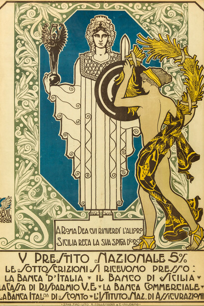 Bevilacqua, A Roma Dea cui rinverdì l’alloro Sicilia reca la sua spiga d‘oro, 1917. 100 x 69 cm. Stab. Tipo-lito G. Collemberg & C., Palermo. Archivio storico Intesa Sanpaolo