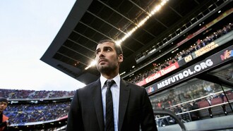 Josep Guardiola pendant le match de la Liga entre Barcelona et Recreativo Huelva au stade Camp Nou le 11 avril 2009 à Barcelone, Espagne 
