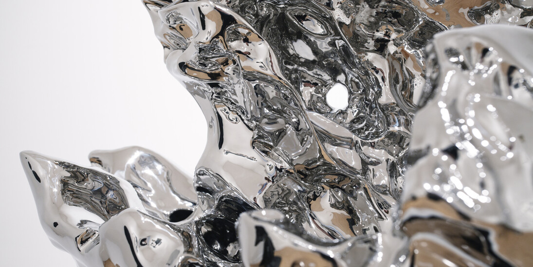 Zhan Wang, Artificial Rock #112, 2006, Stainless steel and wood, 30.5 x 18 x 10 inches. Courtesy of the artist and Haines Gallery 