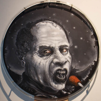 José García Cordero, “El Último Concierto“, 2014, acrylic on canvas with neon light frame, 79 cm diameter