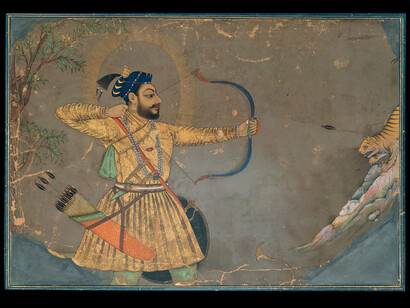 Sultan ‘Ali ‘Adil Shah II Slays a Tiger Attributed to the Bombay Painter (probably Abdul Hamid Naqqash) Bijapur, ca. 1660, Ink, opaque watercolor, gold, and probably lapis-lazuli pigment on paper, 8½ × 12⅜ in. (21.5 × 31.5 cm), The Ashmolean Museum, Oxford. Lent by Howard Hodgkin.