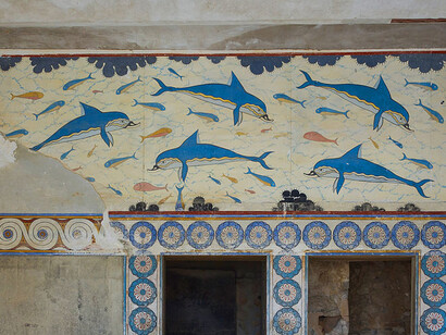 The Queen's Megaron, with the dolphin fresco (copy) at Knossos palace, Crete, Greece