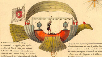 La Passarola, barca inventada en 1709 por Fray Bartolomeu Lourenço de Gusmão, Capellán del Rey de Portugal, João V. Esta barca, al ser más ligera que el aire, se elevaría. Biblioteca Nacional de Francia