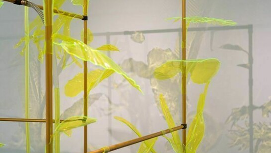 Thomas Glassford, Afterglow, 2010, Sicardi Gallery installation view, 2014. Anodized aluminum, acrylic, concrete, polyvinyl tubing, water and dye, dimensions variable. Photography credit: Logan Sebastian Beck.