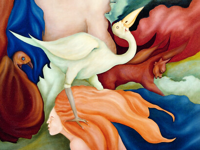 A. De Romanis, Eroi e miti, olio su tela, cm 150x100, 1990, particolare