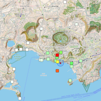 Terremoto di magnitudo 4.4 del 13 marzo 2025. Mappa di scuotimento. L’accelerazione al suolo prodotta dal terremoto è stata significativa, come illustrato nell'immagine dell'Osservatorio Vesuviano, INGV
