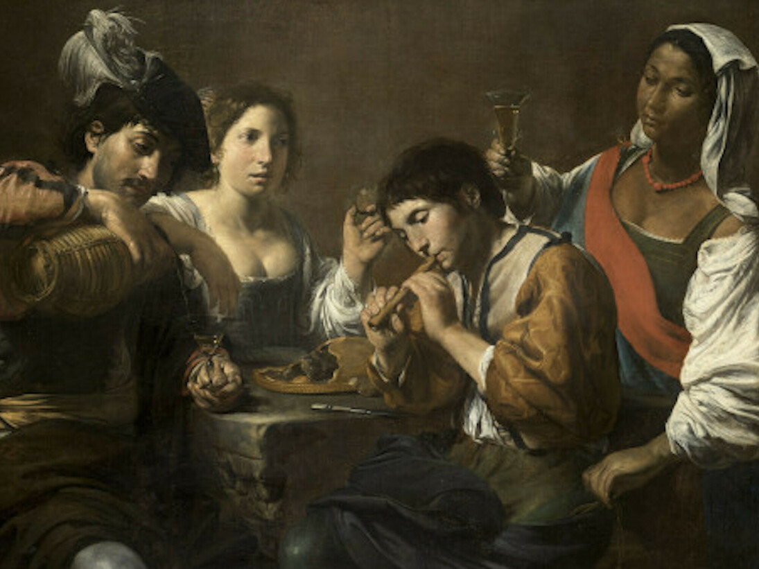 Valentin de Boulogne, Gathering in a Tavern (The Guileless Musician) , ca. 1623-1625, Oil on canvas, 96x133 cm, Département des Peintures, musée du Louvre, Paris © RMN-GP (musée du Louvre) / Tony Querrec.